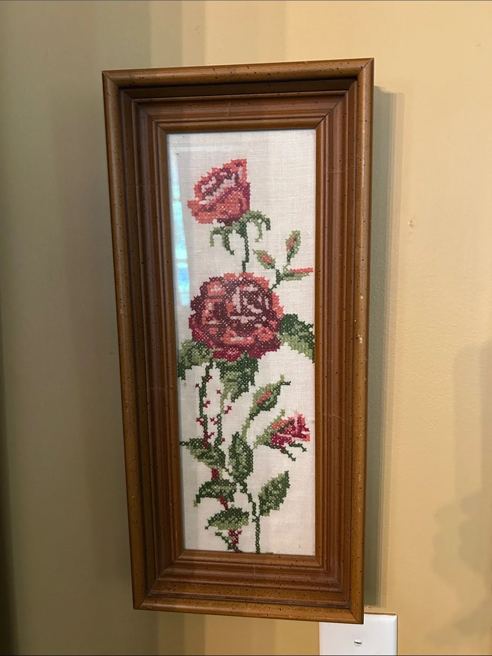 Framed Professionally in a deep wide frame Wine and Green Floral-Stitch Roses EC